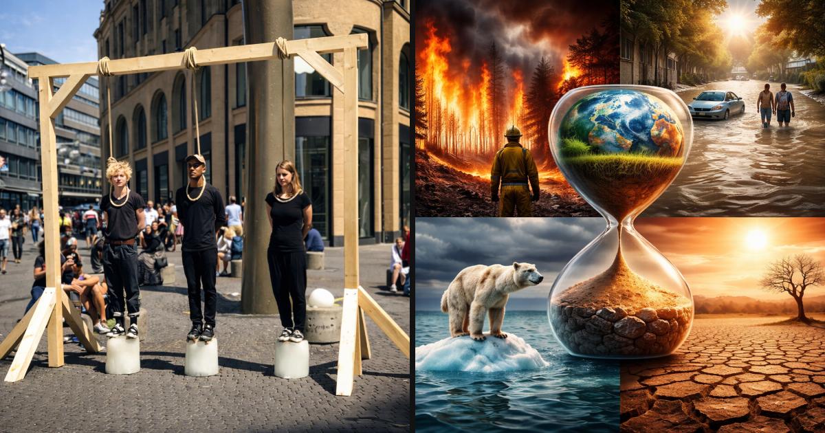 German Students Put Ropes Around Their Necks on Melting Ice Blocks